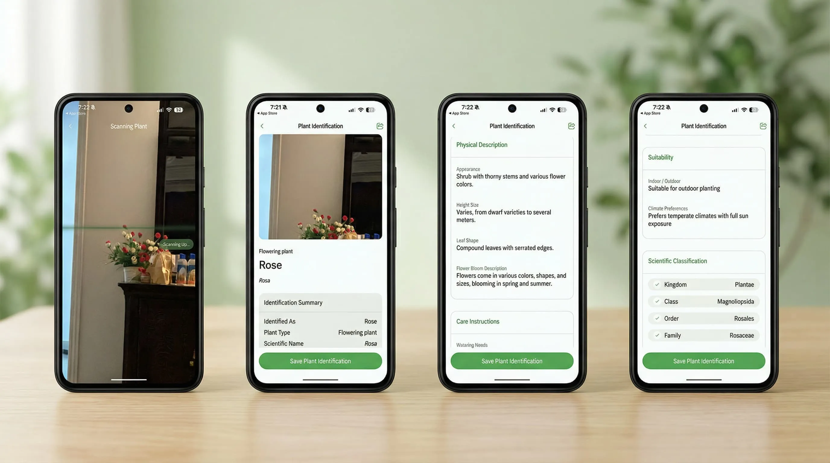 Screenshots of the Plant Identifier app, which helps users identify plants and learn how to care for them.